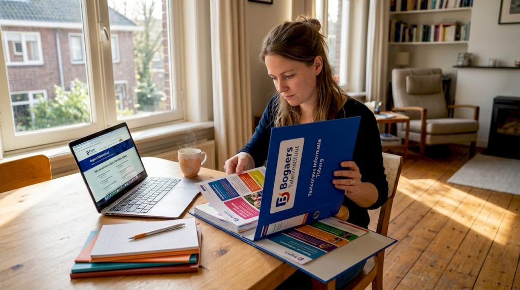 Vrouw denkt na over het volgen van een taalcursus aan de keukentafel