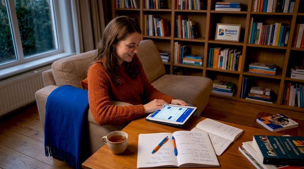 Vrouw oefent thuis haar taalkennis met behulp van een tablet.