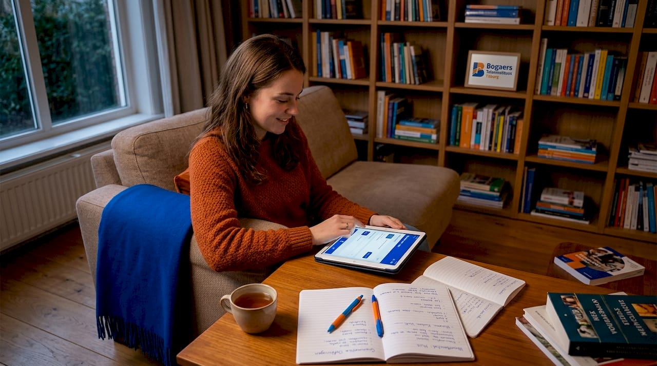 Vrouw oefent thuis haar taalkennis met behulp van een tablet.
