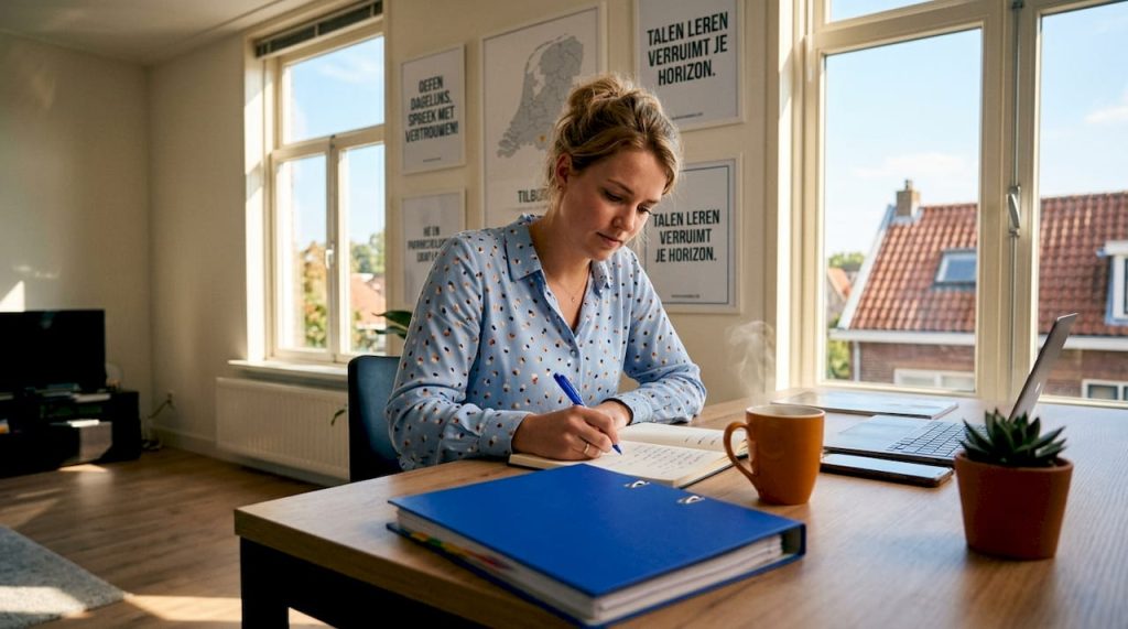 Een vrouw neemt deel aan een zakelijke taaltraining op haar werk.