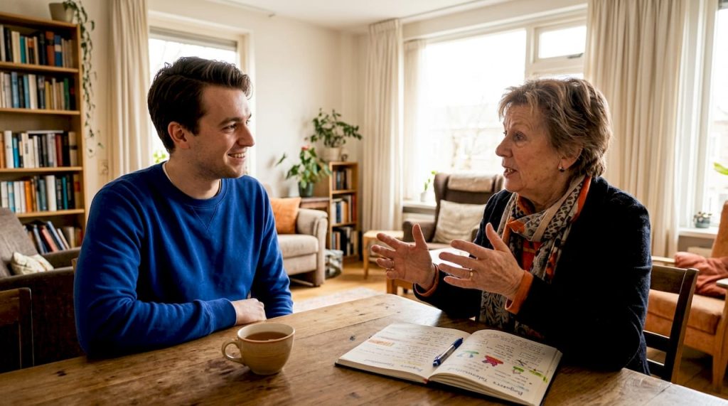 Een vrijwilliger en een taalmaatje zitten samen aan tafel om Nederlands te oefenen.
