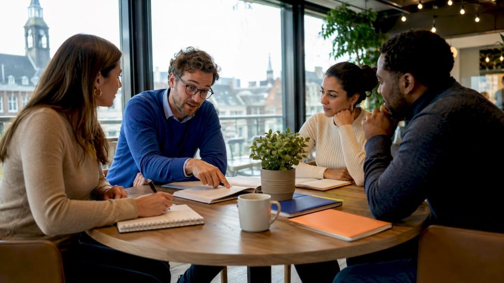 Het team buigt zich samen over de vertaalde documenten om ze grondig te evalueren.