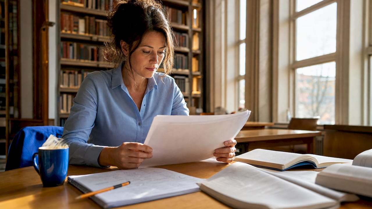 Een docent neemt in het klaslokaal het certificeringsdocument door.