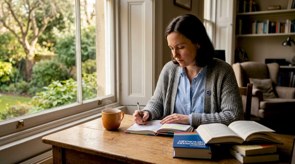 Een professionele vrouw verdiept zich in haar aantekeningen over communicatie aan een tafel.