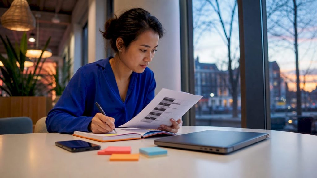 Een vrouw bekijkt aandachtig een checklist voor internationale communicatie.