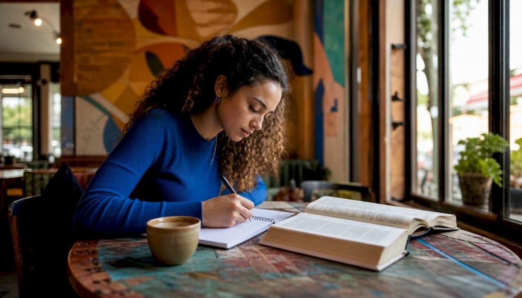 Een jonge vrouw zit geconcentreerd in de bibliotheek te studeren voor haar taalcursus.