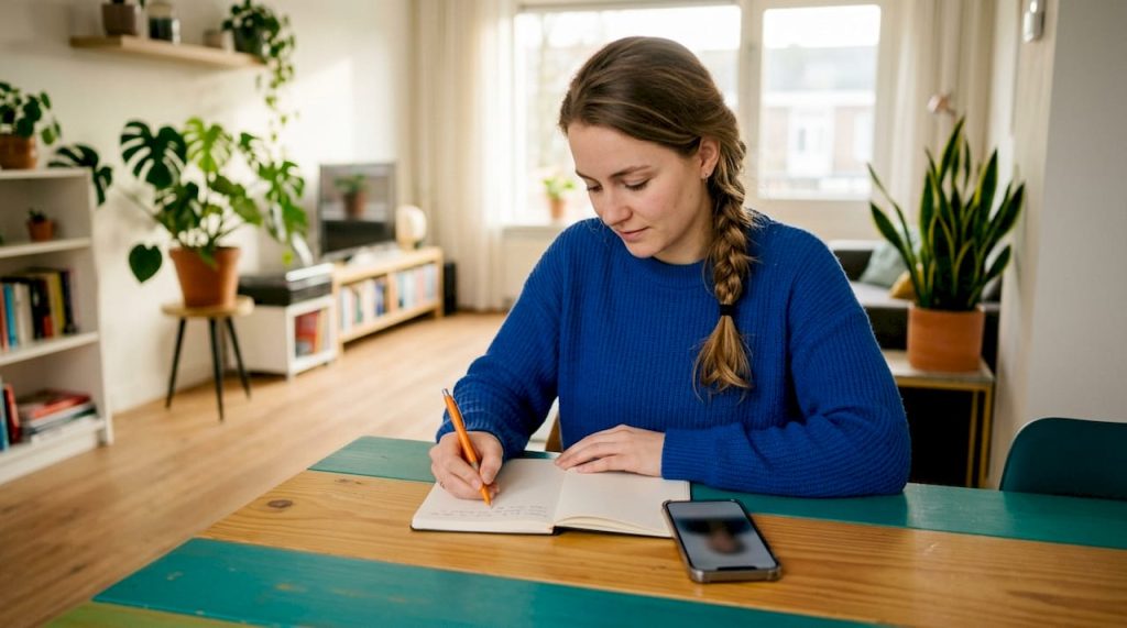 Een vrouw zit aan haar bureau en schrijft zinnen om haar woordenschat te oefenen.