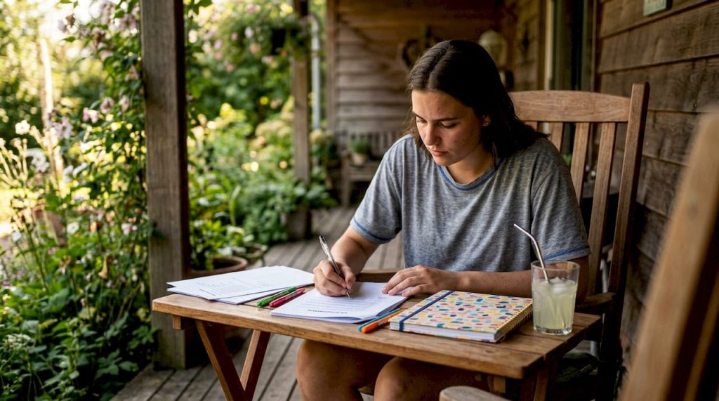 Aan de keukentafel zit een vrouw geconcentreerd te studeren voor haar taaltoets.