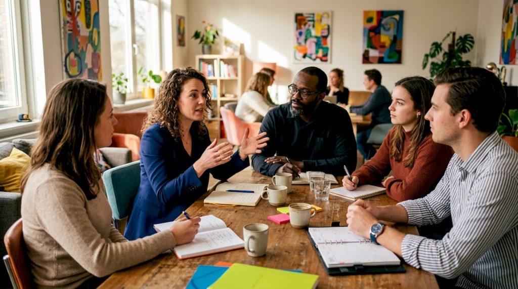Vakgenoten in gesprek aan tafel tijdens een feedbacksessie