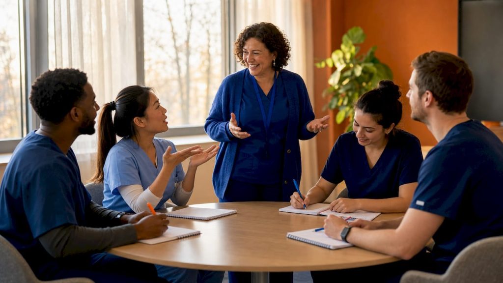 Een docent geeft een taalcursus voor zorgprofessionals.