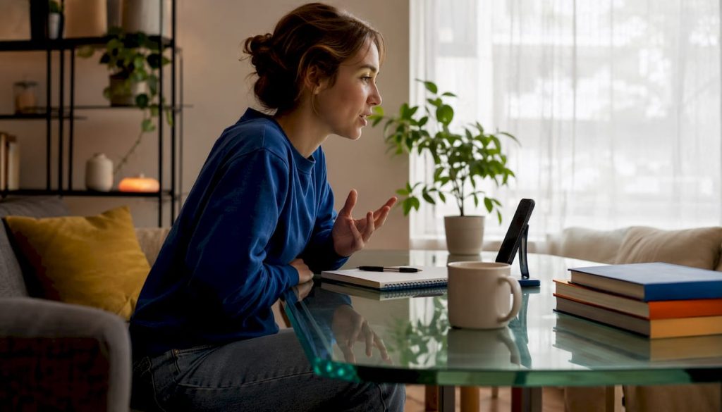 Een vrouw oefent haar spreekvaardigheid door zichzelf op haar telefoon op te nemen.