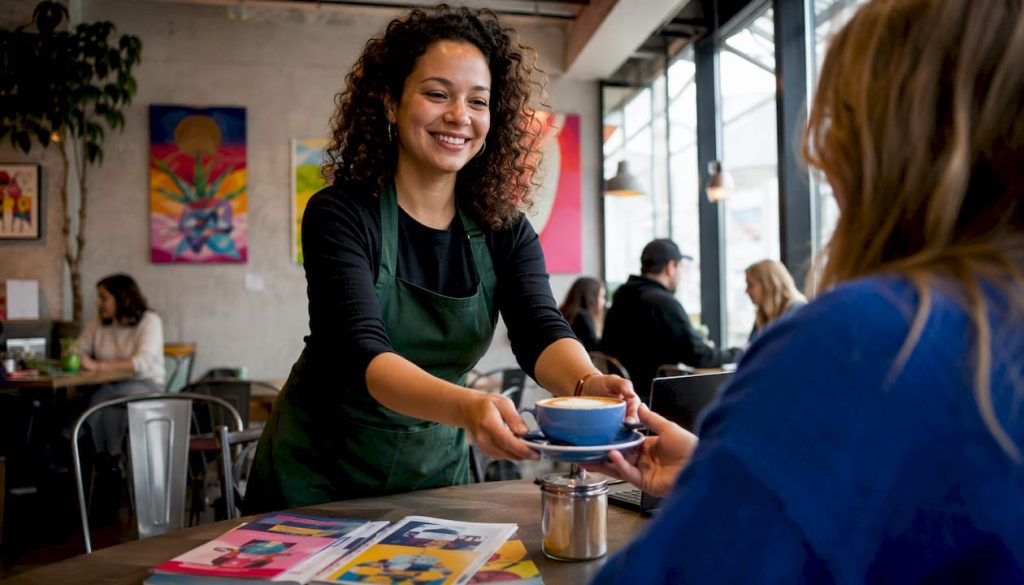 In een hip veganistisch café schenkt de barista een verse cappuccino in.