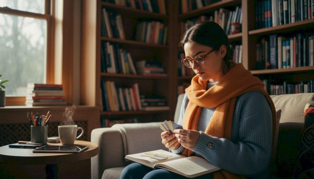 Een vrouw zit aan de keukentafel en oefent haar taalkennis met behulp van flashcards.