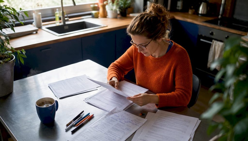 Een vrouw verdiept zich in vakjargon terwijl ze documenten doorneemt.