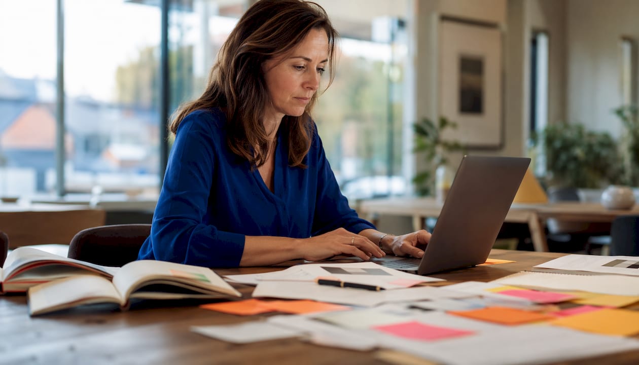 Marketingexpert werkt aan communicatieplan achter de laptop