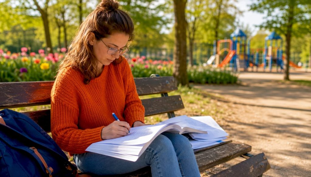 Een student die zich verdiept in de lesstof van een cursus Engels.