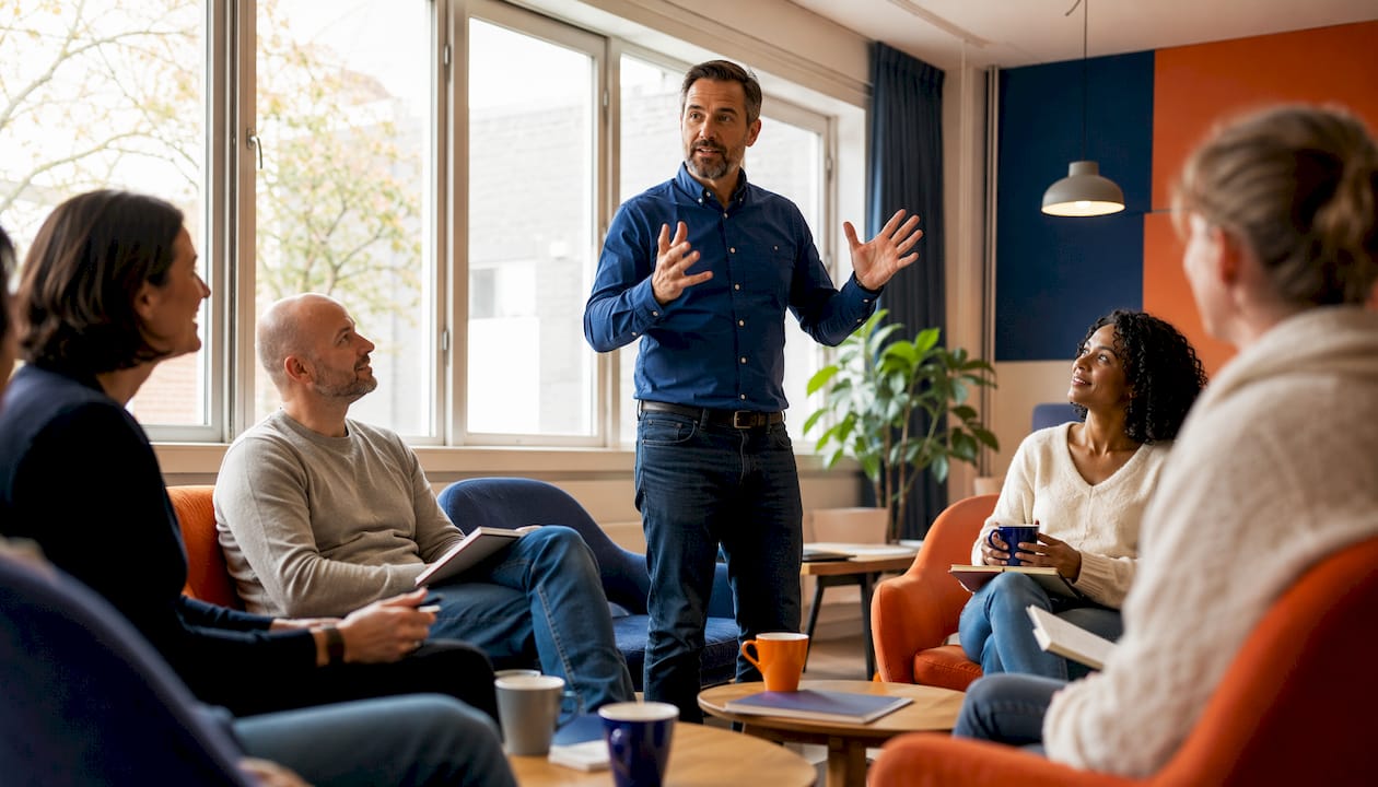 De trainer begeleidt een groepsgesprek tijdens een Engelse taalcursus.
