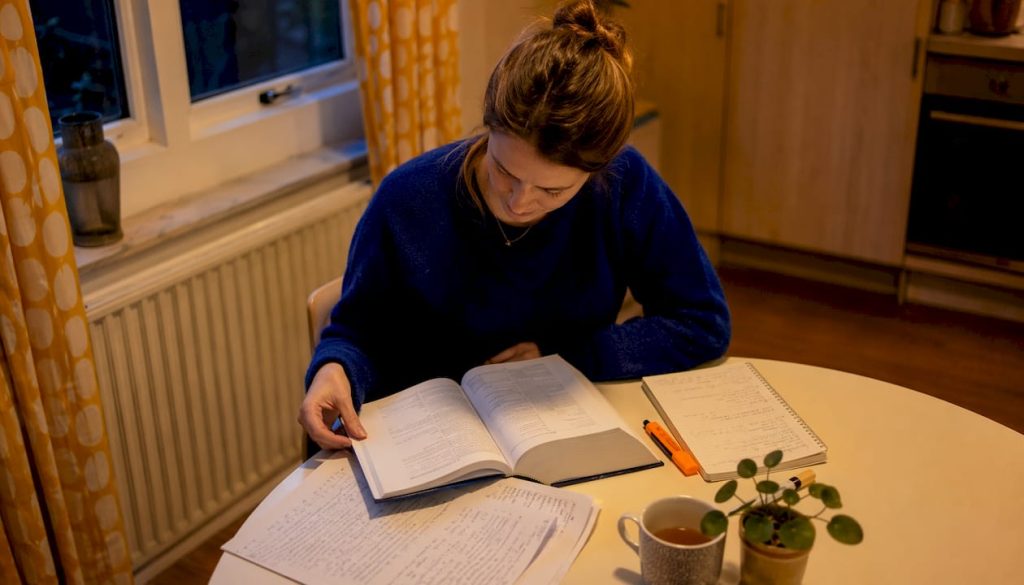 Vrouw volgt thuis zelfstudie Frans grammatica
