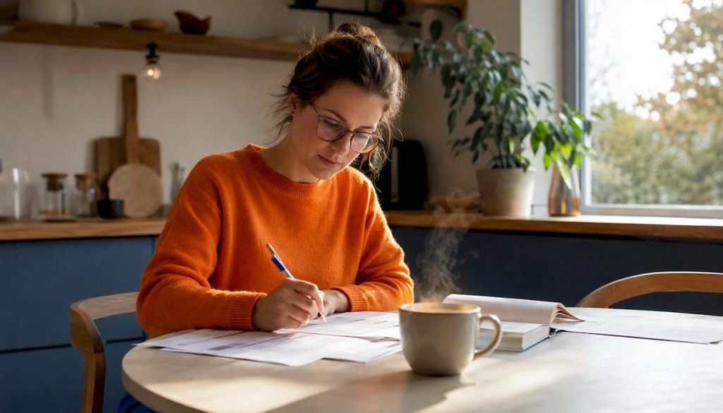 Een professionele vrouw zit geconcentreerd aan haar bureau en werkt aan grammaticaoefeningen.