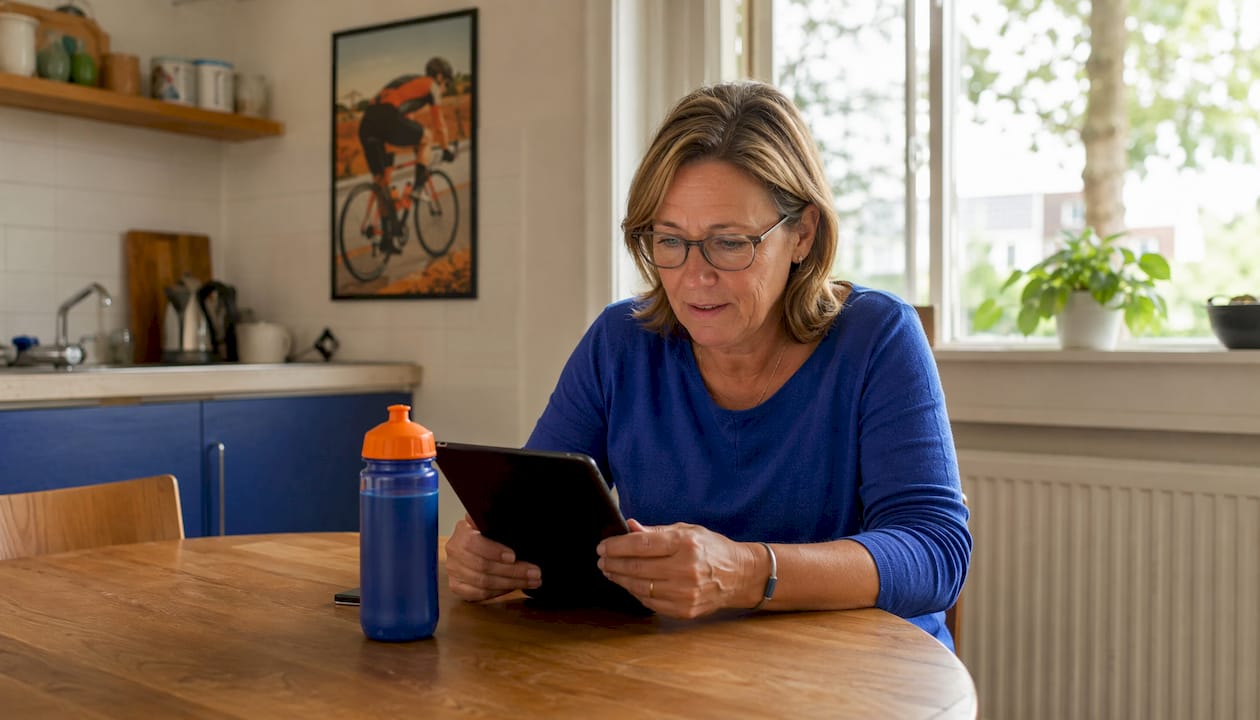 Vrouw bekijkt profielen van fietsgastheren op haar tablet