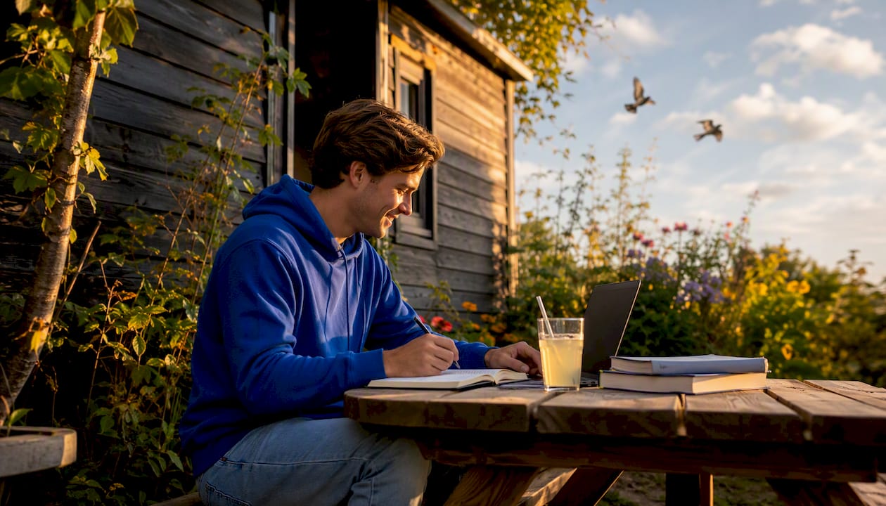 Een man zit met zijn laptop te werken op de veranda van een tiny house.