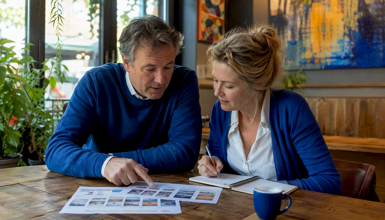 Mensen overleggen over verschillende verblijfsmogelijkheden tijdens een taalcursus.