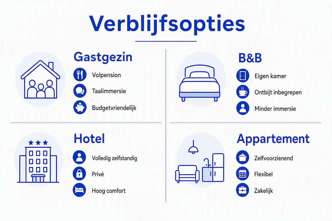 Infographic: overzicht van verblijfsmogelijkheden bij een taalcursus