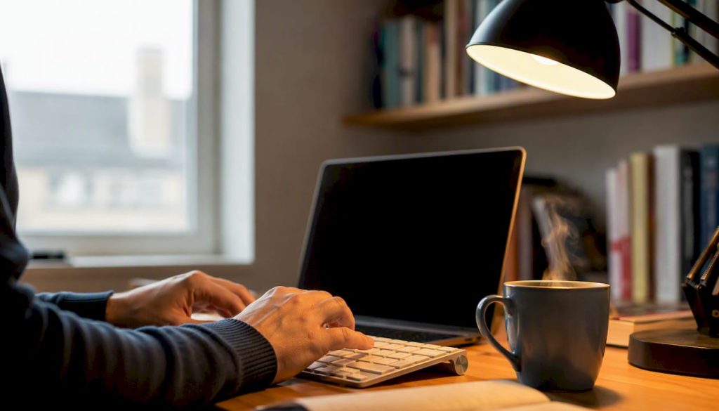 Iemand tikt op het toetsenbord van zijn laptop om een zakelijke e-mail te versturen.