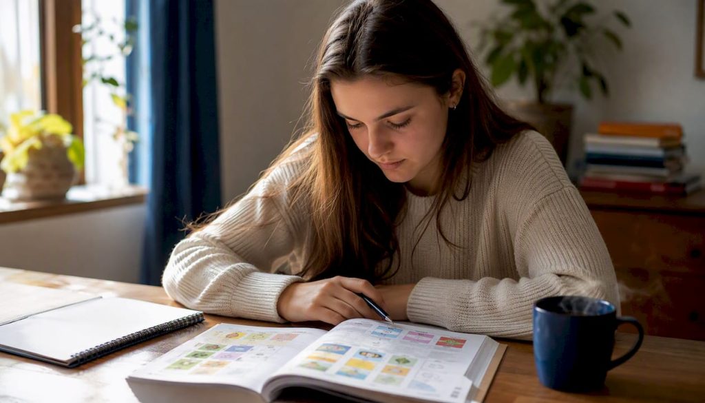 Een paar handen houdt een tablet vast naast een boek over de Nederlandse taal.