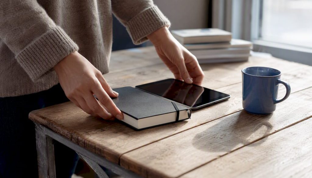 Een paar handen legt verschillende materialen voor het leren van talen netjes op tafel.