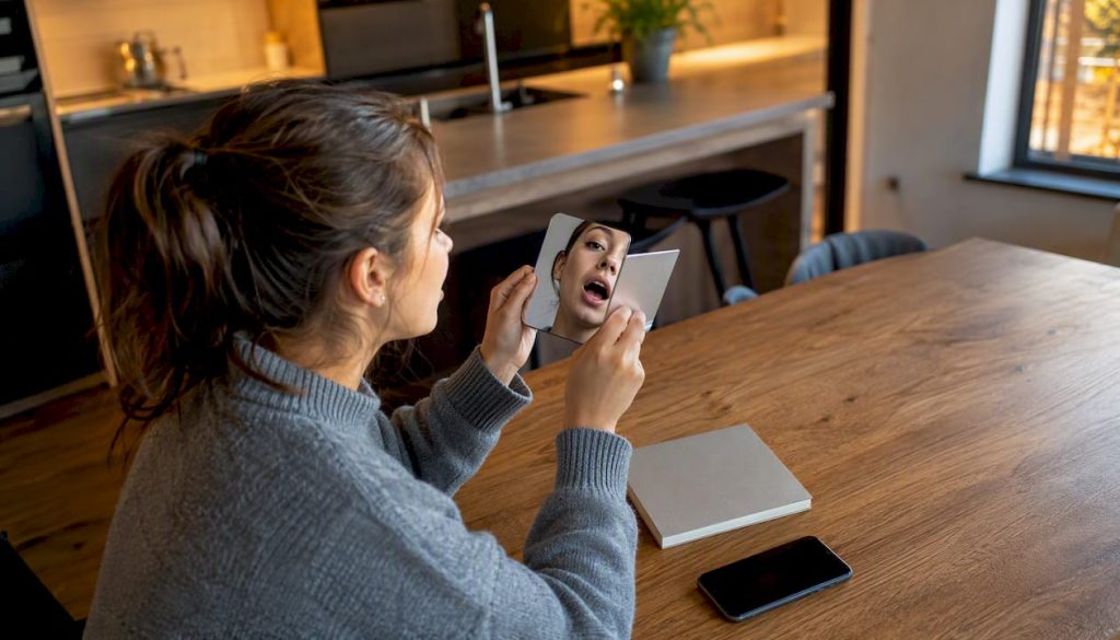 Met een spiegel in de hand oefenen mensen hun Engelse uitspraak.
