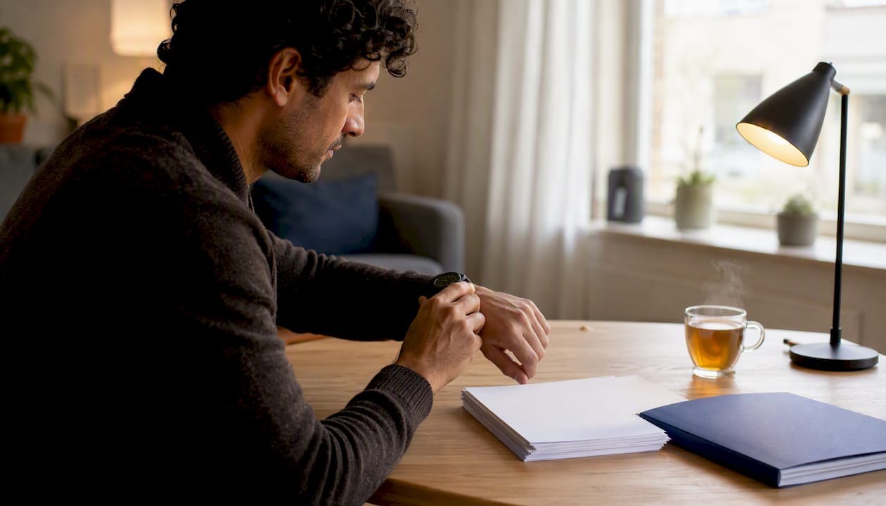 Een paar handen leggen boeken, samenvattingen en markeerstiften netjes op het bureau om zich voor te bereiden op de examens.