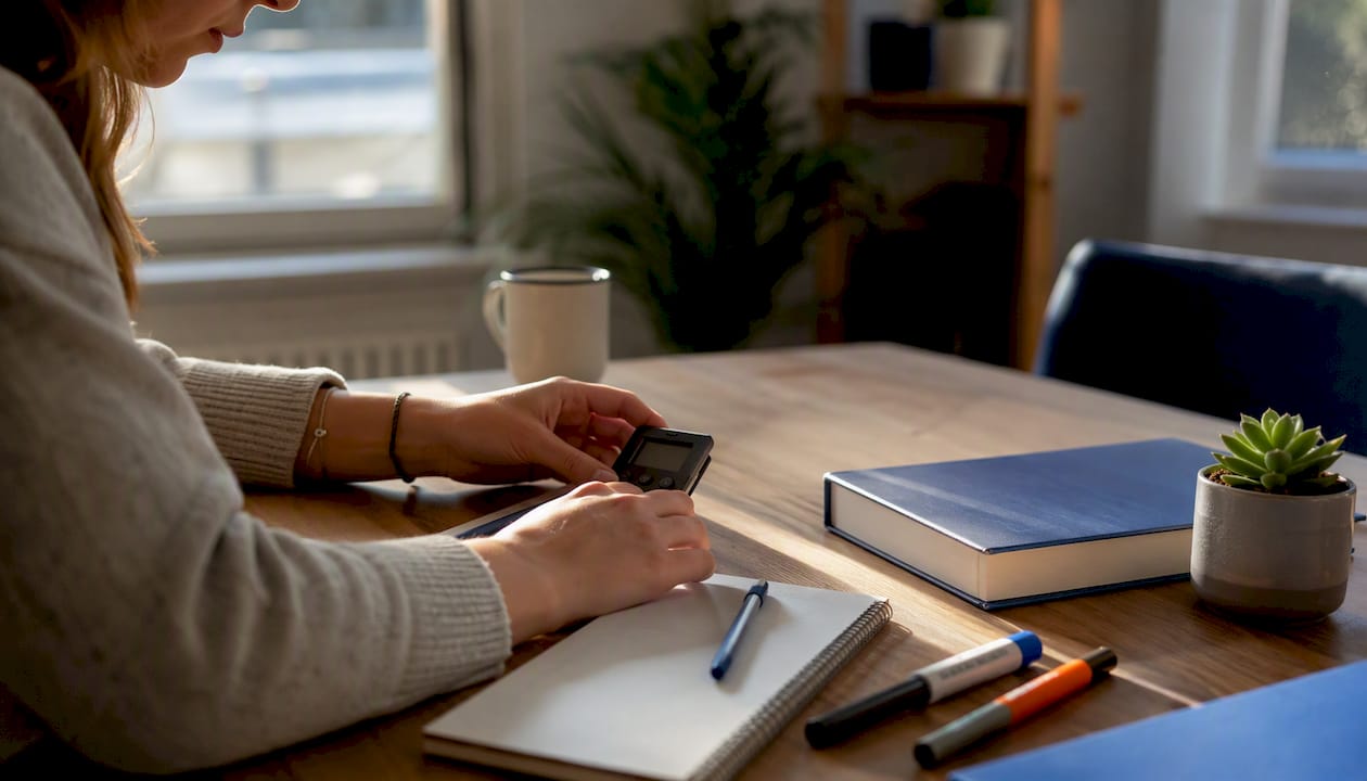 Een paar handen zet een timer op het bureau klaar om te gaan studeren.