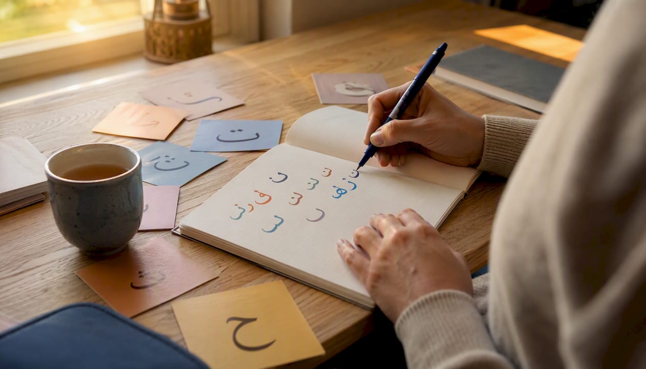 Met de vingers voorzichtig langs de Arabische letters in het schrift gaan.