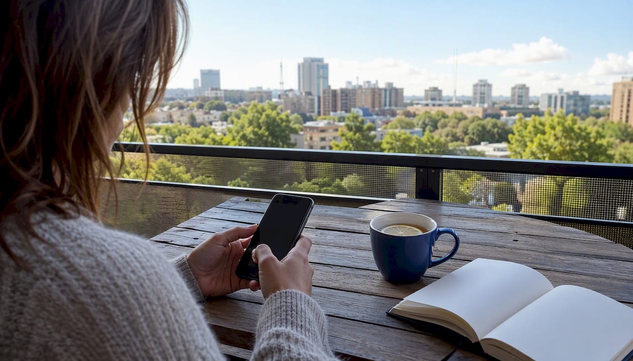 Iemand zit in een café op zijn telefoon Engelse zinnen te typen.