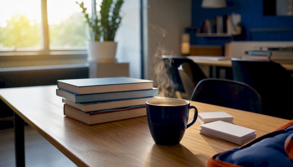 Op tafel in het klaslokaal liggen allerlei lesmaterialen om een nieuwe taal te leren.