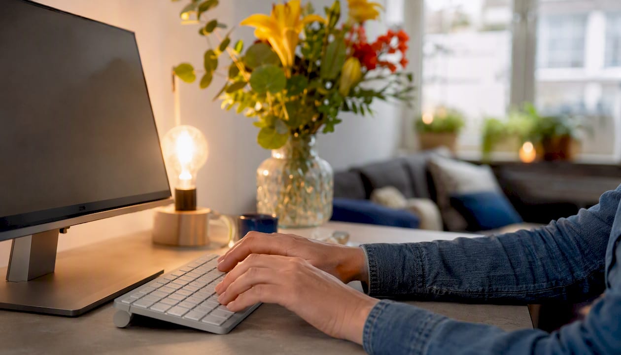 Iemand zit achter de computer en meldt zich aan voor een taalcursus door te typen op het toetsenbord.
