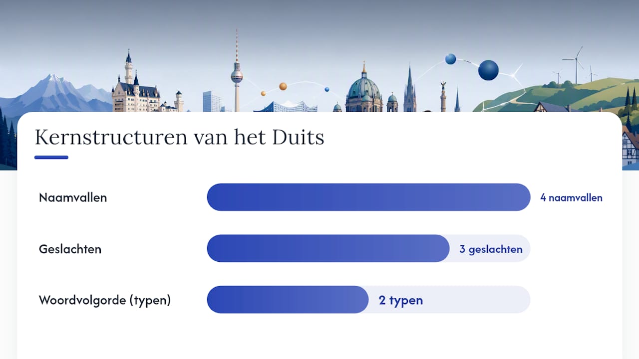 De kern van de Duitse grammatica: naamvallen, geslacht en woordvolgorde — overview diagram