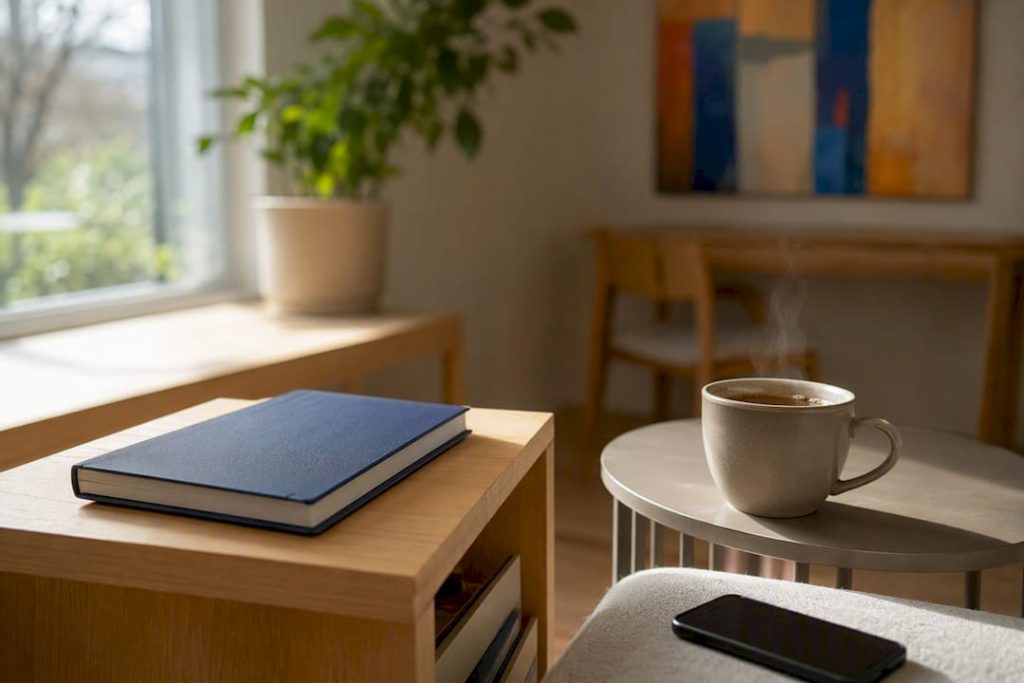 Een bureau met een notitieboekje en een kop thee, ideaal om aan je taalkennis te werken.