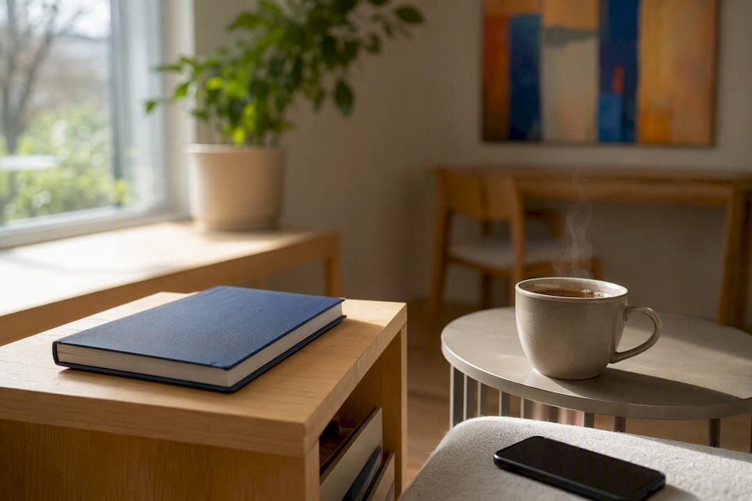 Een bureau met een notitieboekje en een kop thee, ideaal om aan je taalkennis te werken.