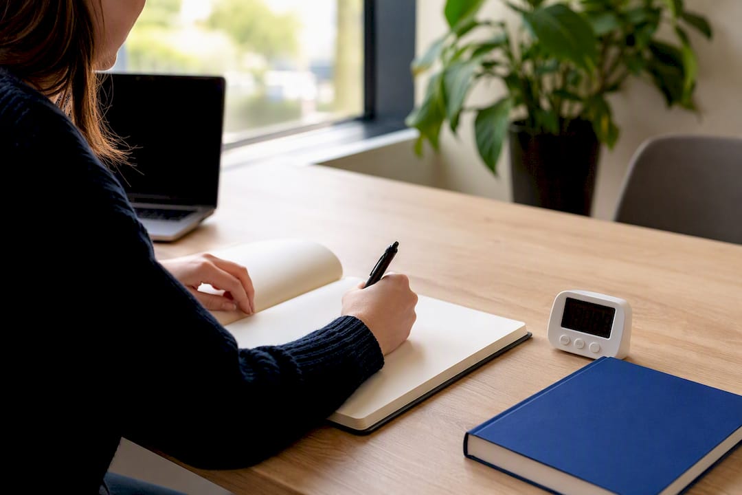 Bureau met taalmateriaal en timer