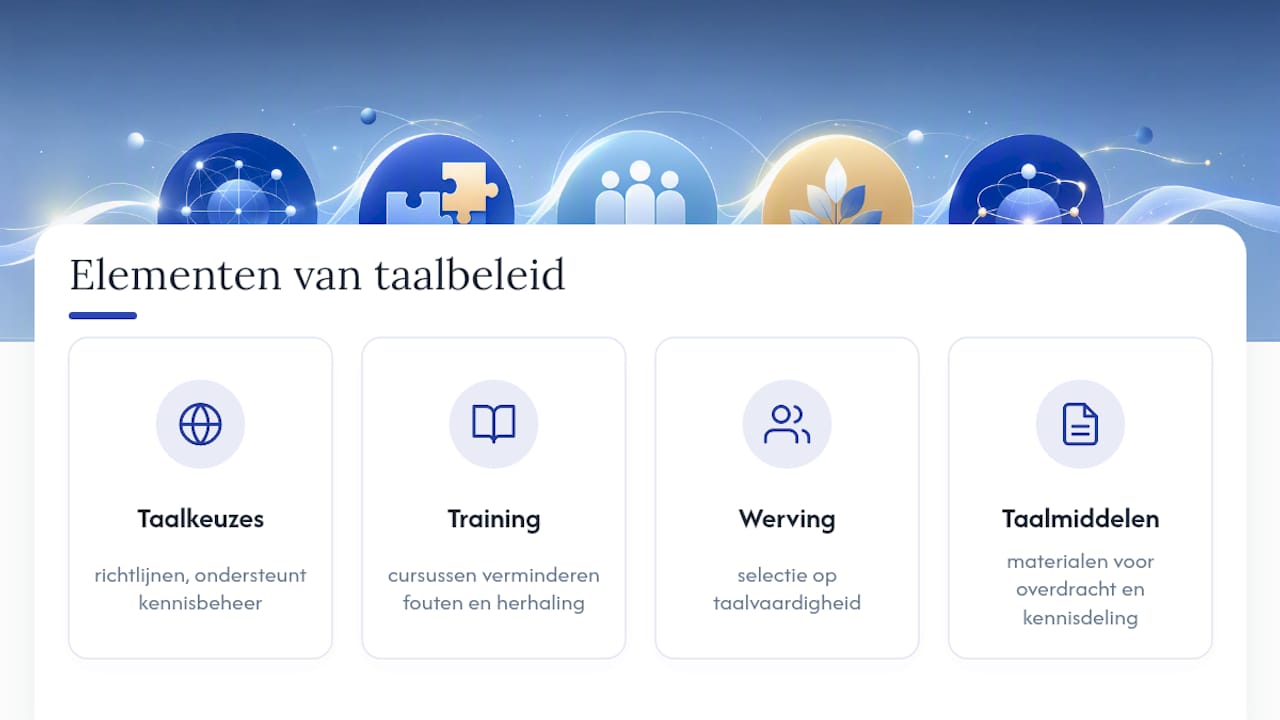 Schema van de onderdelen van het taalbeleid binnen een bedrijf
