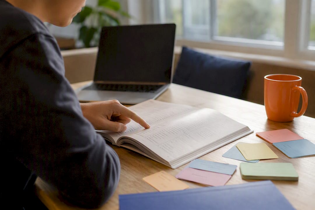 Hand wijst naar laptop en studiematerialen