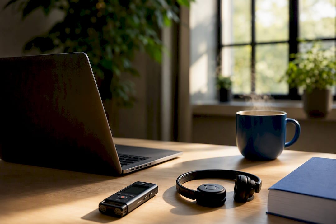 Werkplek van een vertaler met headset en hulpmiddelen