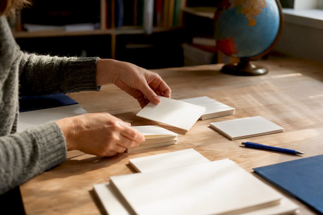 Handen die blanco lesmateriaal voor bedrijven ordenen