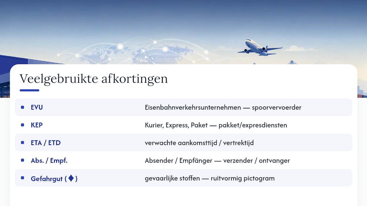 Welke afkortingen en symbolen zie je terug in Duitse logistieke documenten? — overview diagram