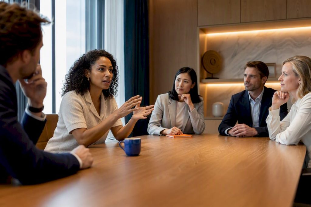 Professionals die een zakelijke vergadering in het Engels bespreken