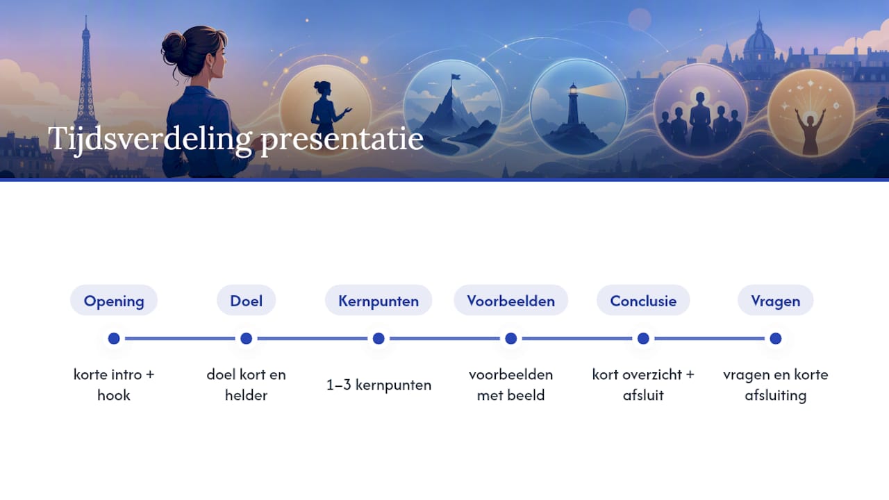Zes onderdelen van de presentatie met tijdsindeling