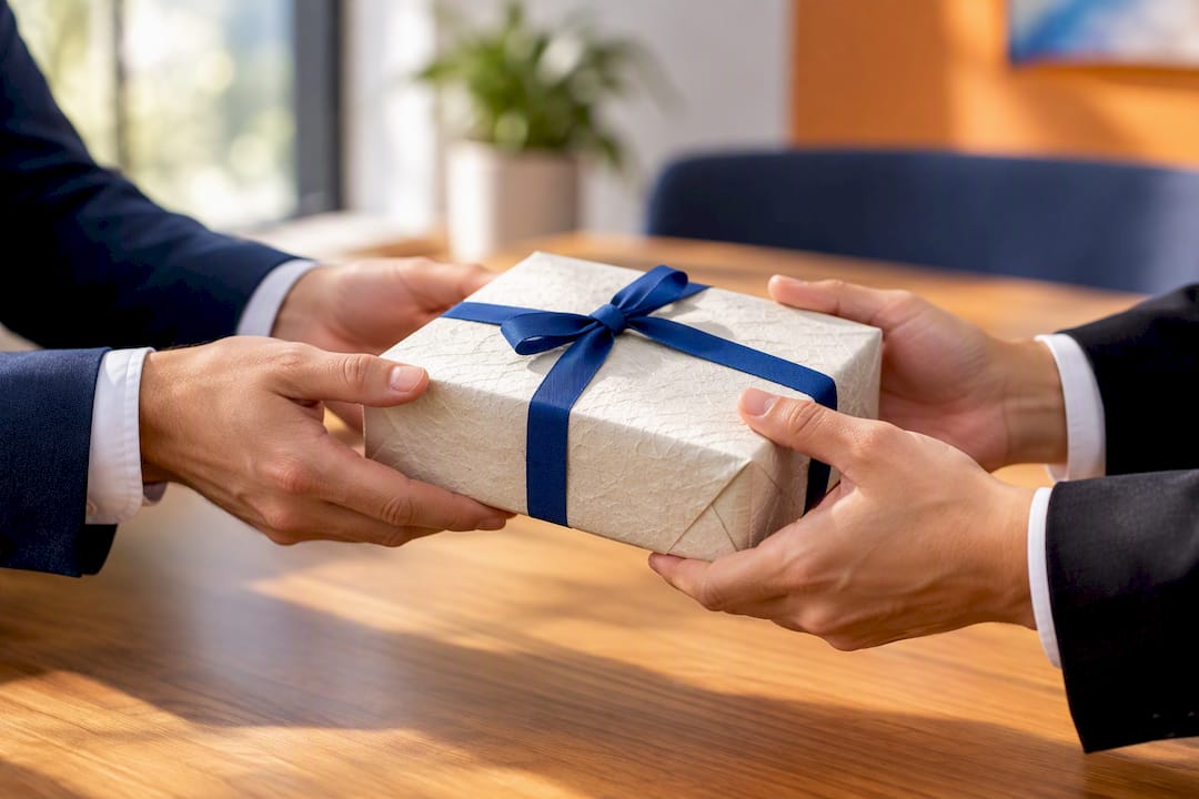 Een zakelijk cadeau wordt met twee handen aangeboden