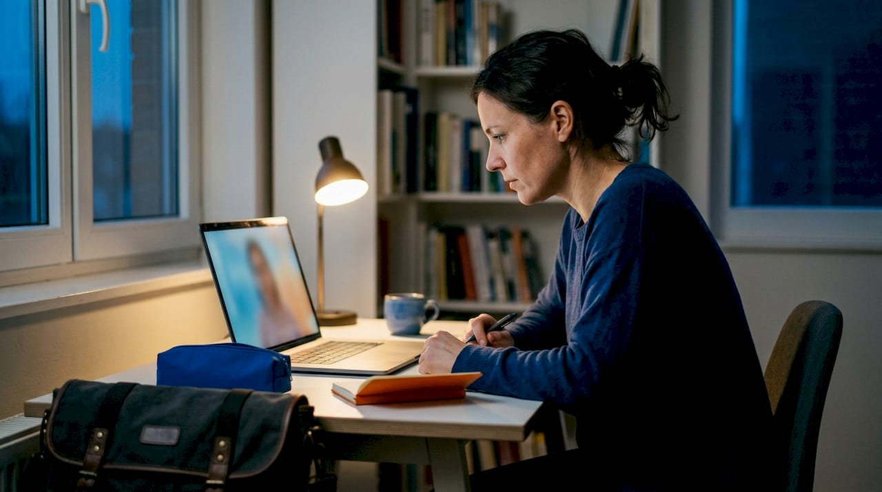 Volwassene die werkt, volgt een online taalcursus